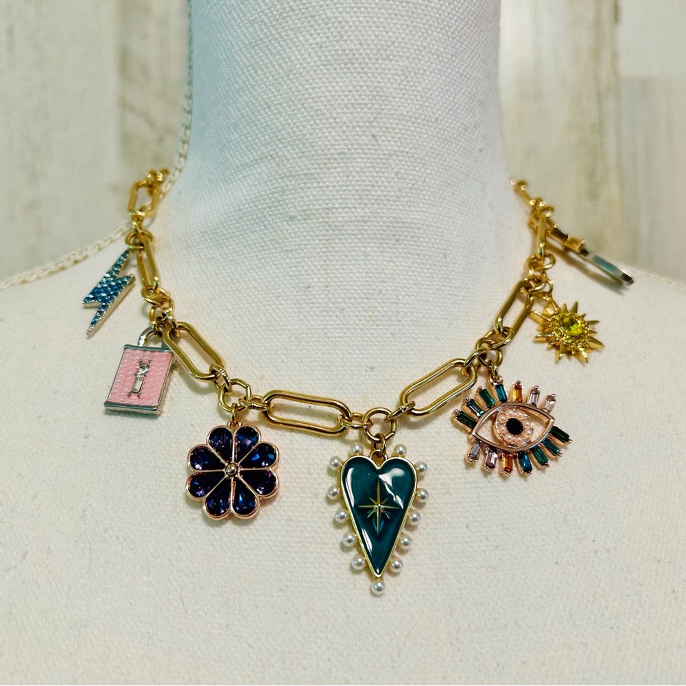 Gold Charm Necklace with Multicolor Accents INC brand